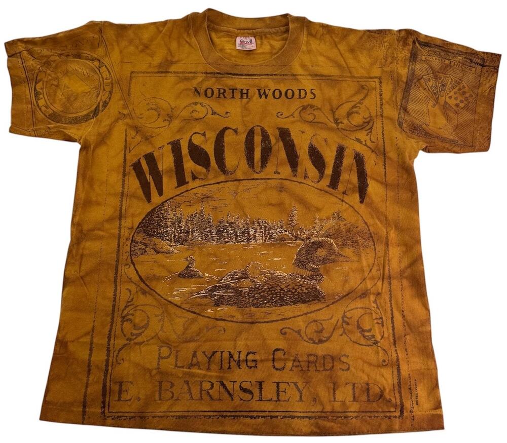 Vintage 90s Northwoods Wisconsin Outdoor AOP Single Stitch Cards Mens Sz L Shirt